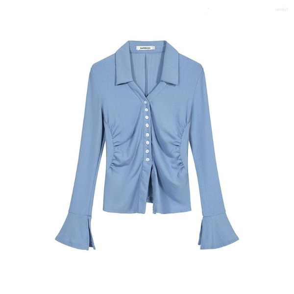 Camicette da donna Collo a polo Altoparlante a maniche lunghe Camicia blu Primavera Estate Stile Chic Femminile Sexy Slim Fit Cardigan monopetto