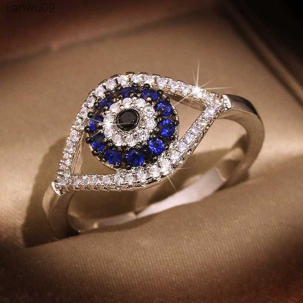 NEUE Punk Weiblichen Blauen Kristall Stein Ring Charme Zirkon Silber Farbe Hochzeit Schmuck Für Frauen Dainty Evil Eye Hohl Engagement l230704