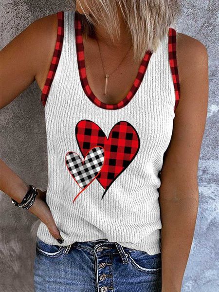 T-shirt da donna Canotte da donna Cute Plaid Heart Print Camicie senza maniche Summer Casual Scollo a V Graphic Tees T-shirt da allenamento di base Bianco L230713