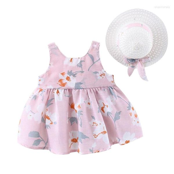 Mädchen Kleider 2 Stück geboren Sommer Kleidung Set Kleinkind koreanische Blumen süße Schleife ärmellose Baumwolle Baby Strandkleid Sonnenhut BC005-1