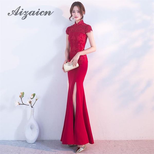 Mode Braut Rote Meerjungfrau Chinesische Abendkleider Lange Cheongsam Sexy Vestido Orientalischen Traditionellen Hochzeit Kleid Frauen Qipao211F