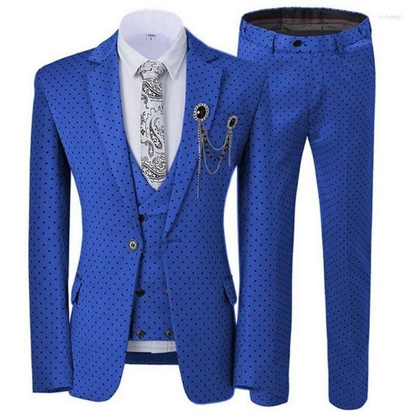 Erkekler Kraliyet Blue Damat Smokin 3 Parça 3 Parça Resmi Dot Erkekler Moda İş Düğün Partisi Blazer Ceket