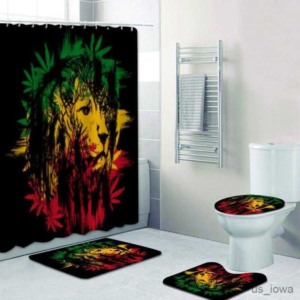 Cortinas de chuveiro Jamaica Rasta Reggae Lion Decoração do banheiro Rasta Reggae Art Banheiro Conjunto de cortinas de chuveiro Rastafari Tapete de banho Tapetes Carpete Toalete R230714