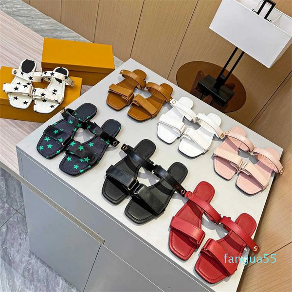 2023-Neue Sandalen Damen Slipper Metallschnalle Dekoration Rindsledermaterial Lammfellfutter Stilvolle flache Schuhe Slide 35-41