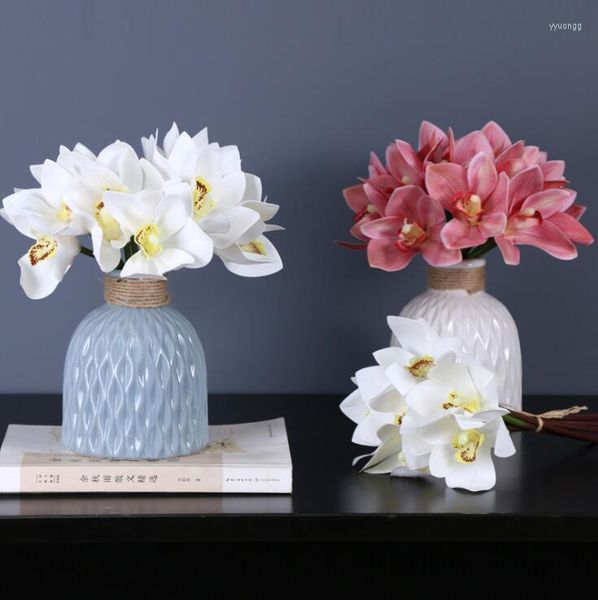 Flores decorativas 6 pçs/conjunto Simulação Cymbidium Decoração de mesa Flor DIY Casamento Noiva Mão Decoração para Casa Orquídea Artificial