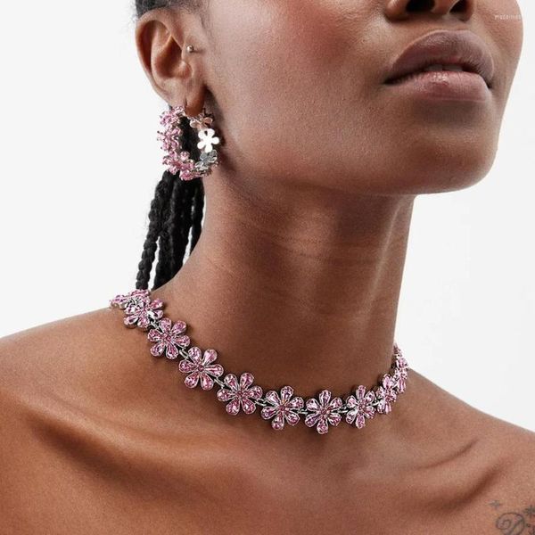Ketten Stonefans Rosa Kristall Blumen Halsband Halskette Statement Accessoires Mode Frauen Strass Kragen Schlüsselbein Schmuck