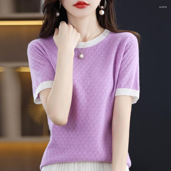 Camisolas femininas com decote em O de tricô de caxemira pulôver lã merino manga curta 2023 roupas moda top