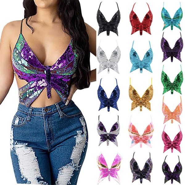 Damen Tanks Camis Y2k Schmetterling Pailletten Crop Top Frauen Sommer Rückenfrei V-Ausschnitt Sexy Club Kostüm Outfits Festival Kleidung Bandage BH Tops 230713