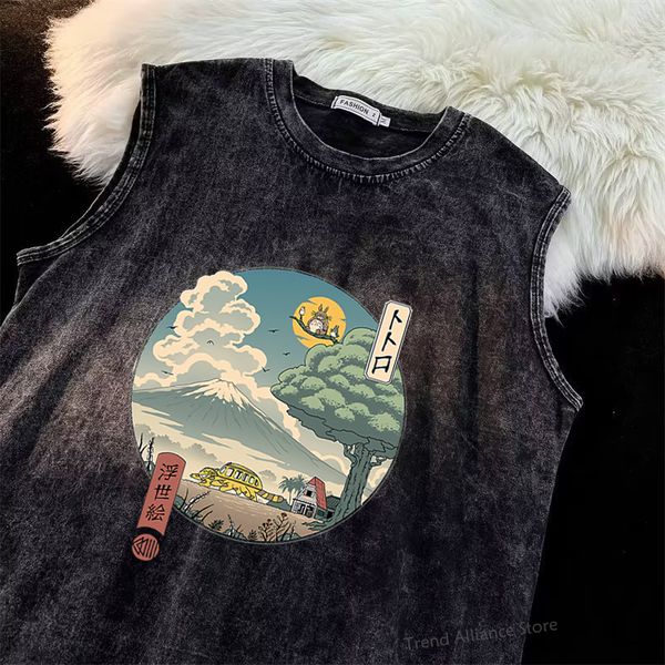 Mens Tank Tops 90s Anime Totoro Yelek Gotik Pamuk Üst Punk Günlük Harajuku Retro Siyah Yıkanmış Yaz Sokak Giyim Kolsuz Tshirts 230713