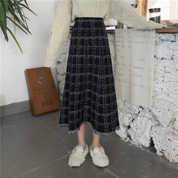 Юбки Midi Women Vintage Winter Winter Winter Harajuku Плед элегантные дамы мягкие все матч эстетические повседневные тонкие простой корейский стиль