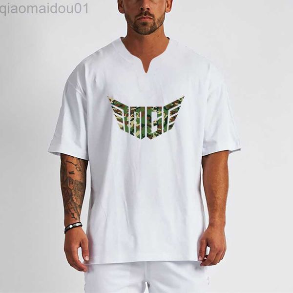 T-shirt da uomo T-shirt da uomo in cotone hip-hop allentato da uomo Moda giovanile casual scollo a V oversize manica corta coreano Streetwear uomo top L230713