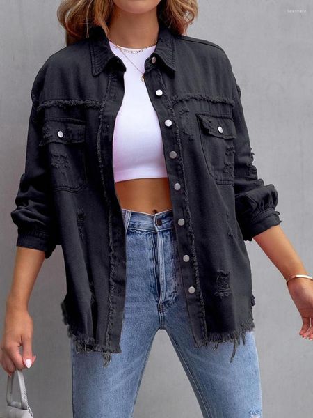 Женские куртки Женская негабаритная джинсовая куртка с разорванными расстроенными деталями - повседневная пуговица с длинным рукавом вниз.
