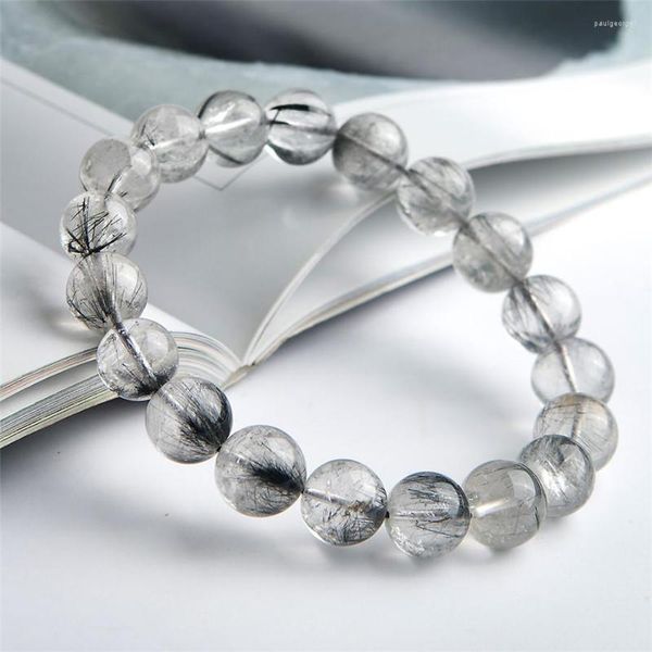 Bracelete de cristal de quartzo rutilado de Brookita natural do Brasil de 12 mm, feminino, masculino, poderoso, com pedras preciosas de cura, pulseira redonda com miçangas