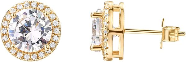 Brincos PAVOI Banhado a Ouro 14K Prata Esterlina Brilhante Redondo Faux Diamond Halo - Zircônia cúbica premium em ouro rosa Whi