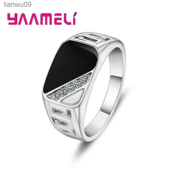 Classico anello da uomo a fascia larga da uomo unico argento sterling 925 bianco nero con strass quadrato dichiarazione gioielli hip-hop L230704