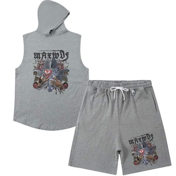 Studi da uomo trackuit Streetwear Sleeleveless Gret con cappuccio e Shorts Shorts Set per uomini retrò oversize casual y2k tracce di set hip hop set vestiti 230713