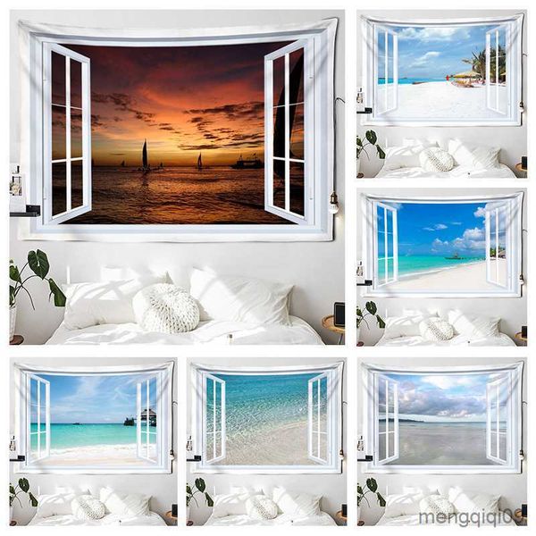 Wandteppiche, Kuppelkameras, 3D-Simulation, Fenster, Strandlandschaft, Wandteppich, Wohnzimmer, Zuhause, Hintergrund, hängendes Tuch, Wanddekoration, TAPIZ R230714