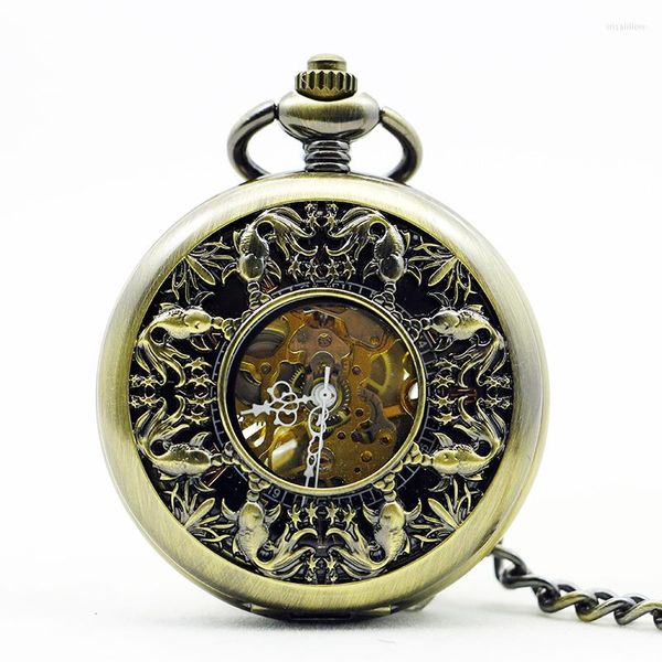 Orologi da taschino antico squisito orologio meccanico a rilievo cava pesce animale domestico vintage accessori stile gentiluomo ciondolo collana orologio