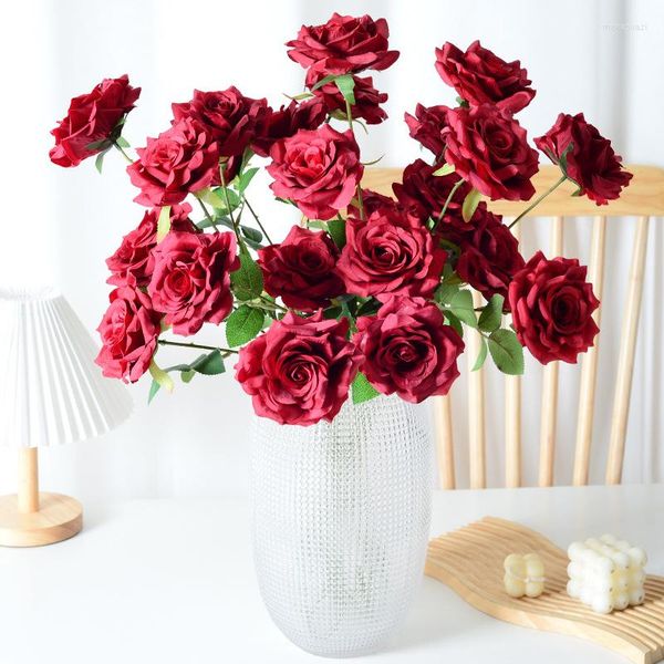Декоративные цветы симулировать 3 розы одиночная ветка алмаз розовый букет свадебный зал реквизит дома