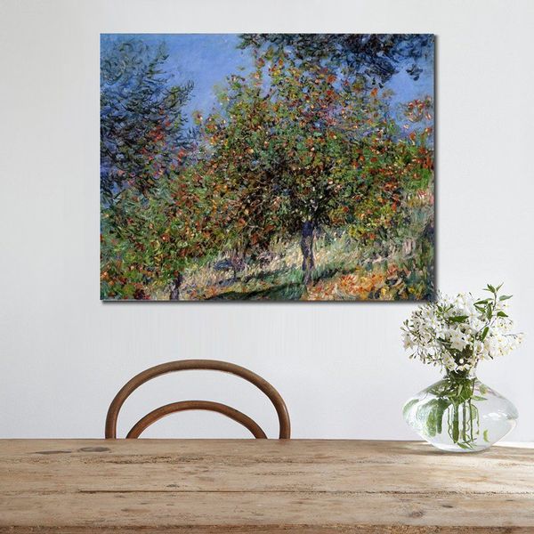 Arte su tela fatta a mano Alberi di mele sulla collina di Chantemesle Claude Monet Dipinto Impressionista Paesaggio Opera d'arte Arredamento per il bagno