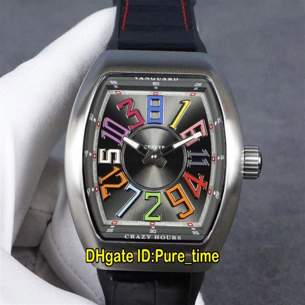 Novos modelos Vanguard Crazy Hours Caixa de aço V 45 CH BR Cor Prata Mostrador automático Relógio masculino Pulseira de couro Relógios esportivos Pure Time288L