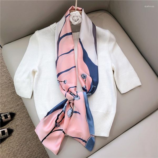 Cachecóis de designer coreano pequeno longo de seda de cetim para mulheres primavera outono estampado gravata borboleta estilo OL moda capa de pescoço 15X145CM