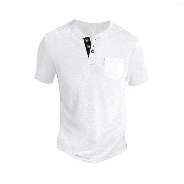 Herren-T-Shirts, einfarbig, Henley-Shirt, Oberteile, kurzärmelig, Rundhalsausschnitt, Tasche, lässig, Baumwoll-Leinen-T-Shirt, Alltagskleidung, cooles T-Shirt