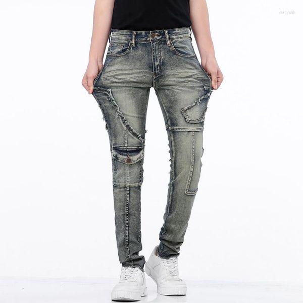 Männer Jeans Männer Hip Hop Biker Patchwork Knie Taschen Motorrad Denim Hosen Für Männer Gerade Strech Fit