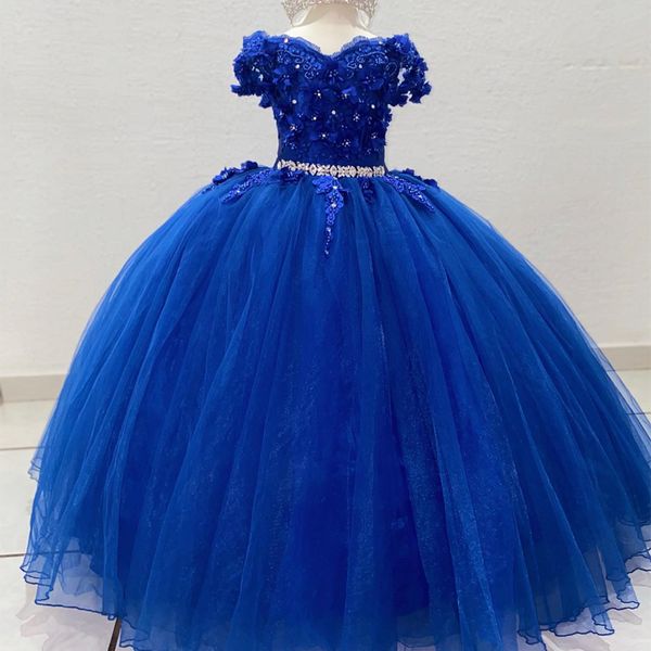 Le ragazze di fiore lucide blu royal di lusso si vestono per la cerimonia nuziale 3D Fiore Appliques Abiti da ballo di cristallo Vestito da bambino carino vestidos para ninas