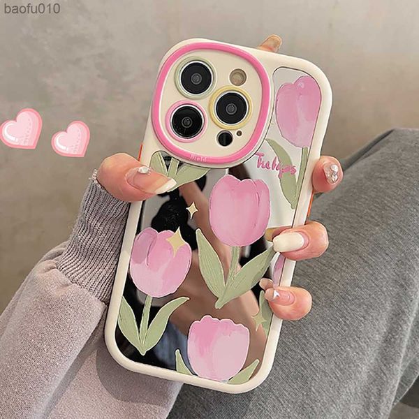 Moda rosa tulipas espelho de maquiagem letras lindas flores capa de telefone para iphone 14 11 12 13 pro max capa traseira macia à prova de choque l230619