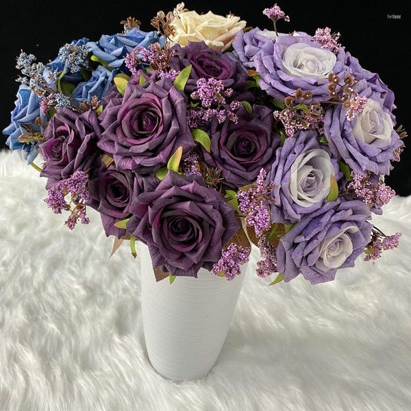 Dekorative Blumen TONGFENG Herbst 7-köpfiger Rosenstrauß künstliche Seide Braut hält Wand Hochzeit Party getrocknete Blumenornamente