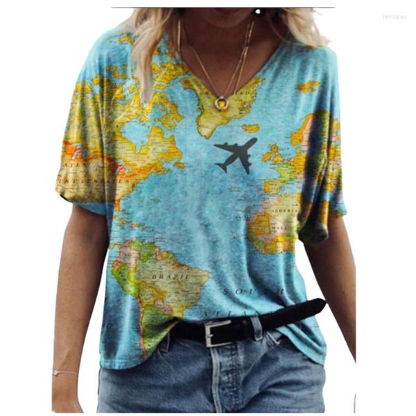 T-shirt da uomo 2023 Top oversize da donna Tie Dye Map Print Camicia Casual Streetwear Manica corta con scollo a V Allentato Plus Size 5XL