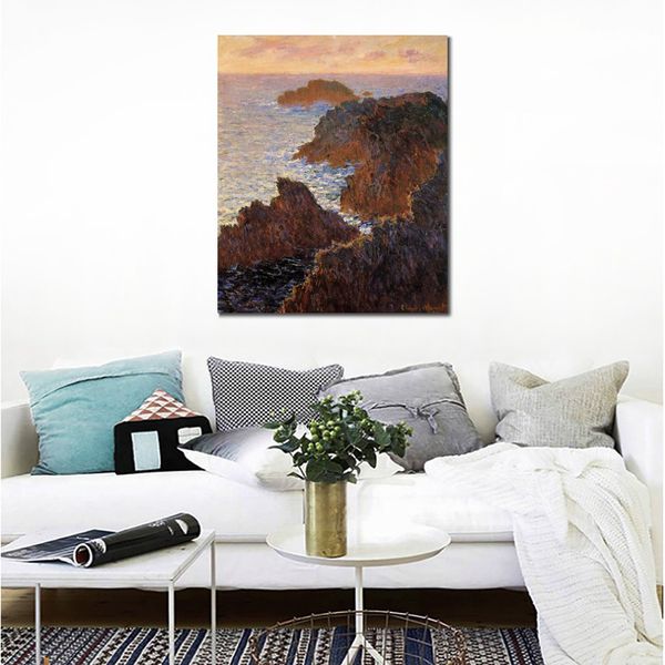 Fatto a mano Claude Monet Dipinto ad olio Rocks at Belle-ile Port-domois Modern Canvas Art Modern Landscape Living Room Decor