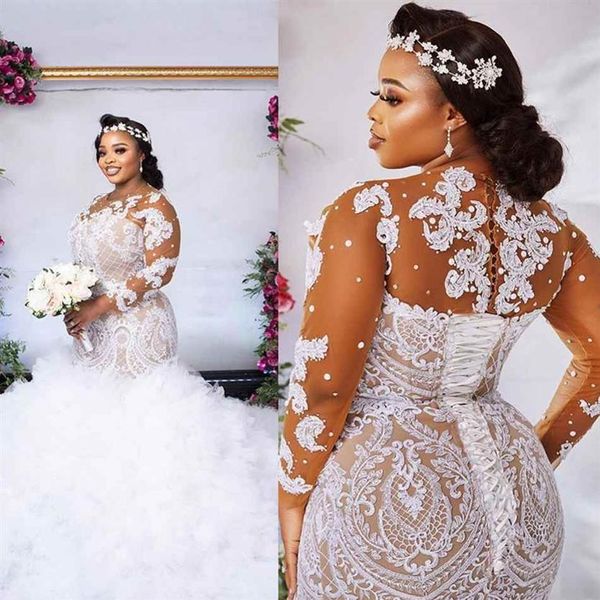 Plus Size Illusion manica lunga abito da sposa a sirena 2022 sexy africano nigeriano gioiello collo volant con lacci sul retro in pizzo Applique Tull276F