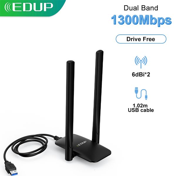 Adaptadores de rede EDUP 1300Mbps USB WiFi Adapter 2.4G 5.8G Wireless Network Card with USB Cable 2*6dBi Antenna Drive Free Lan Ethernet USB Adapter 230713