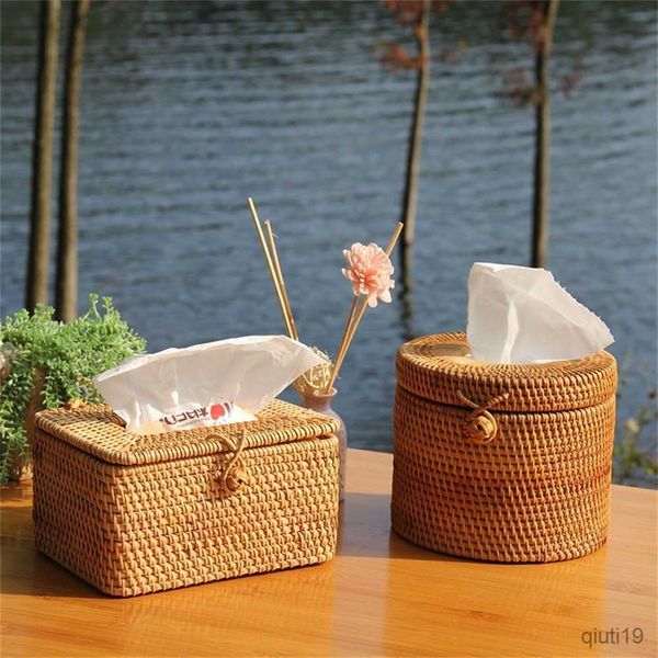 Taschentuchboxen, Servietten, Rattan-Taschentuchbox, Desktop-Toilettenpapier-Taschentuchetui, einfacher Serviettenhalter, handgewebter Auto-Seidenpapierspender, Heimdekoration, R230714