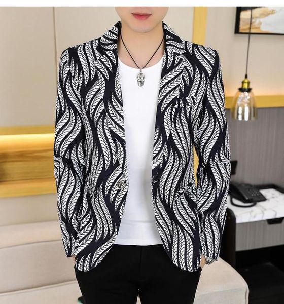 Мужские костюмы мужчин Blazer Slim Fit осень высококачественный корейский стиль полосатый принт с длинным рукавом.