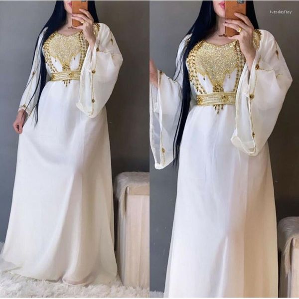 Etnik Kıyafet Dubai Kaftan Beyaz Georgette Paspu Zarif A-Line Uzun Etek Boncuklu Bel Elbise Uzunluğu 58inç