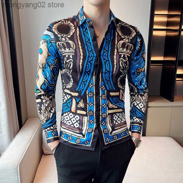 Camicie casual da uomo Stile britannico Royal Crown Stampato Camicie da uomo Abito Streetwear Slim Fit Manica lunga Camicia da uomo floreale Top Autunno Moda uomo T230714