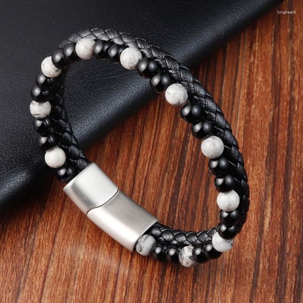 Charm-Armbänder, geflochtenes Lederarmband, Naturstein, schwarzer Onyx, Karte, Perlenleder, Edelstahl, Geschenk für Liebhaber