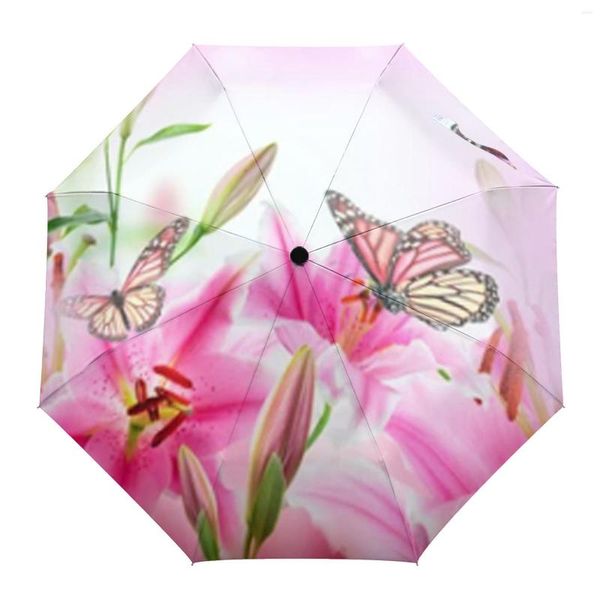 Regenschirme, Motiv: Lilien und Schmetterling, automatischer Regenschirm, tragbar, faltbar, sonniger, regnerischer Frauen-Sonnenschirm