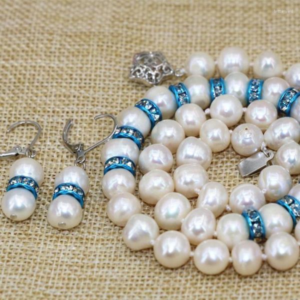 Collana Orecchini Set Design originale Perle bianche naturali Perline 9-10mm Per regali da donna Distanziatori di cristallo blu Gioielli da 18 pollici B3110