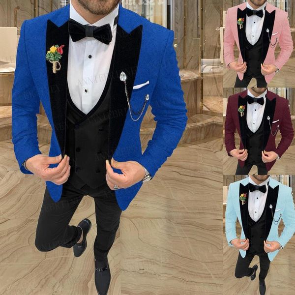 Ternos masculinos 2023 moda jacquard azul real terno masculino fino ajuste formal noivo casamento vestido smoking jaqueta blazer luxo colete calças conjunto de 3 peças