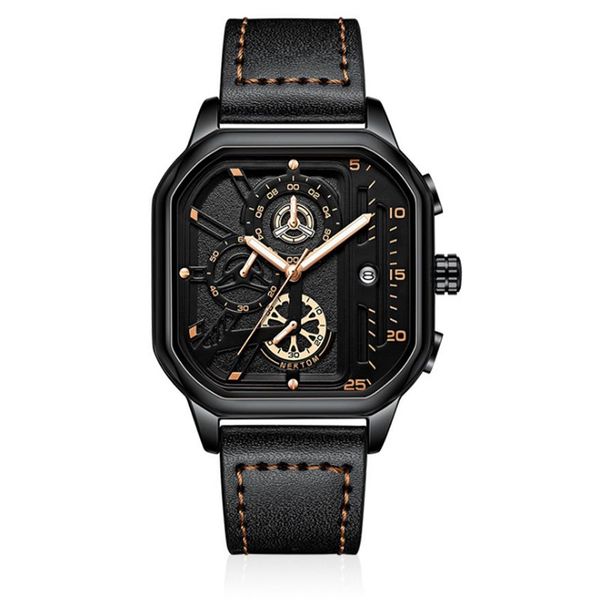 Cool Black NEKTOM Brand Hollow Out Orologi da uomo Orologi al quarzo accurati Cinturino in pelle Luminoso quadrante quadrato Orologi da polso308i