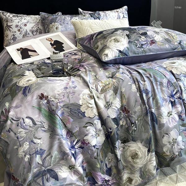 Set di biancheria da letto 100S Cotone egiziano Stile vintage pittura a olio Pianta Fiori Motivo Set Copripiumino setoso morbido Lenzuolo Federe