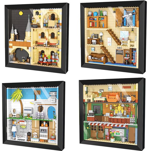 Экшн -фигурки городской архитектура картинка внутри P Magic Castle Bloords Blosts Block Shop Shop Tower Model Construction Toys 230713