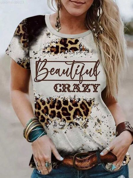 Damen-T-Shirt, Vintage-Leopard, gebleichtes T-Shirt, Frauen, lustig, schön, verrückt, Buchstabe, T-Shirt, Western-Country-Musik, Tops, Cowgirl, Rodeo, Grafik-T-Shirt, L230713