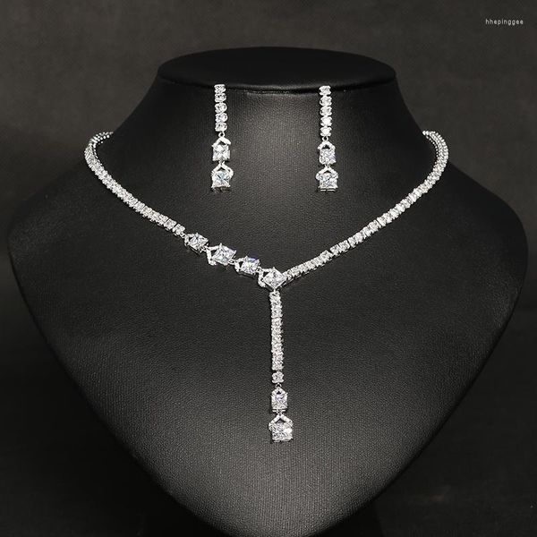 Серьги ожерелья набор Hibride блестящий кубический цирконий 2pcs Элегантный длинное свисание свадебные невесты для женщин N-669