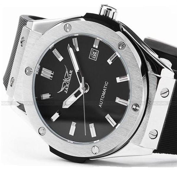 JARAGAR Brands Cassa in acciaio inossidabile argento Analogico automatico meccanico Orologio sportivo da uomo in silicone con data2838