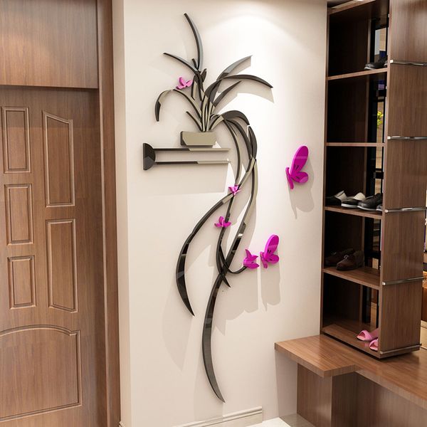 Adesivos de parede orquídea acrílico espelho adesivo sala de estar sofá tv decoração da parede flor papel de parede autoadesivo decoração de casa 230714